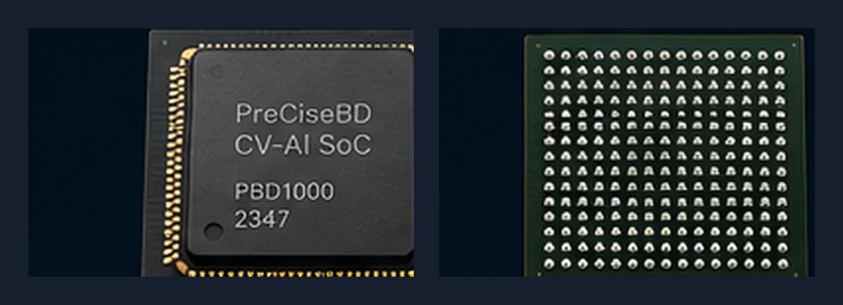 PreCiseBD CV-AI SoC 晶片封裝，正面含標記，背面呈現 BGA 錫球格陣